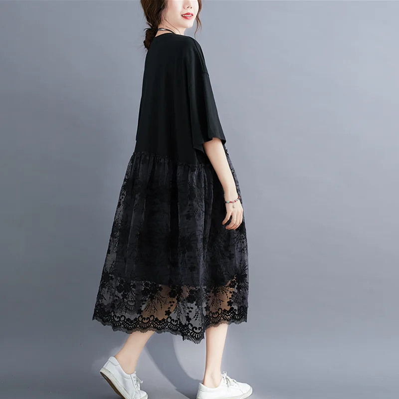 

Plus Size Lace Patchwork Loose Women Dress 2020 Summer Boho Beach Solid Casual O-neck Short Sleeve Maxi Dresses sukienki