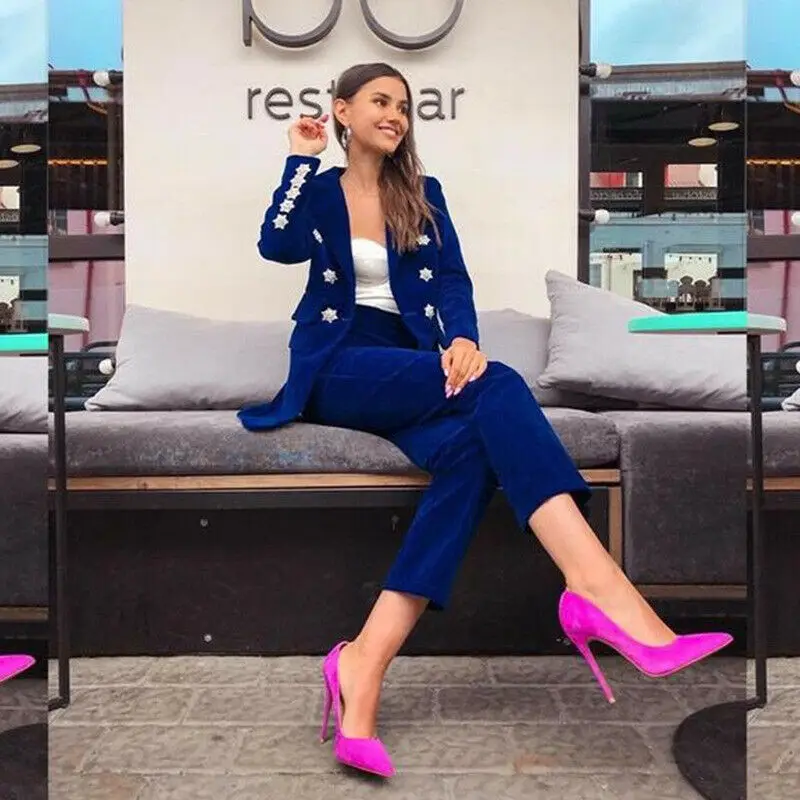 2020 Royal Blue Velvet Formal Work Suit For Women Slim V Neck Ladies Blazers