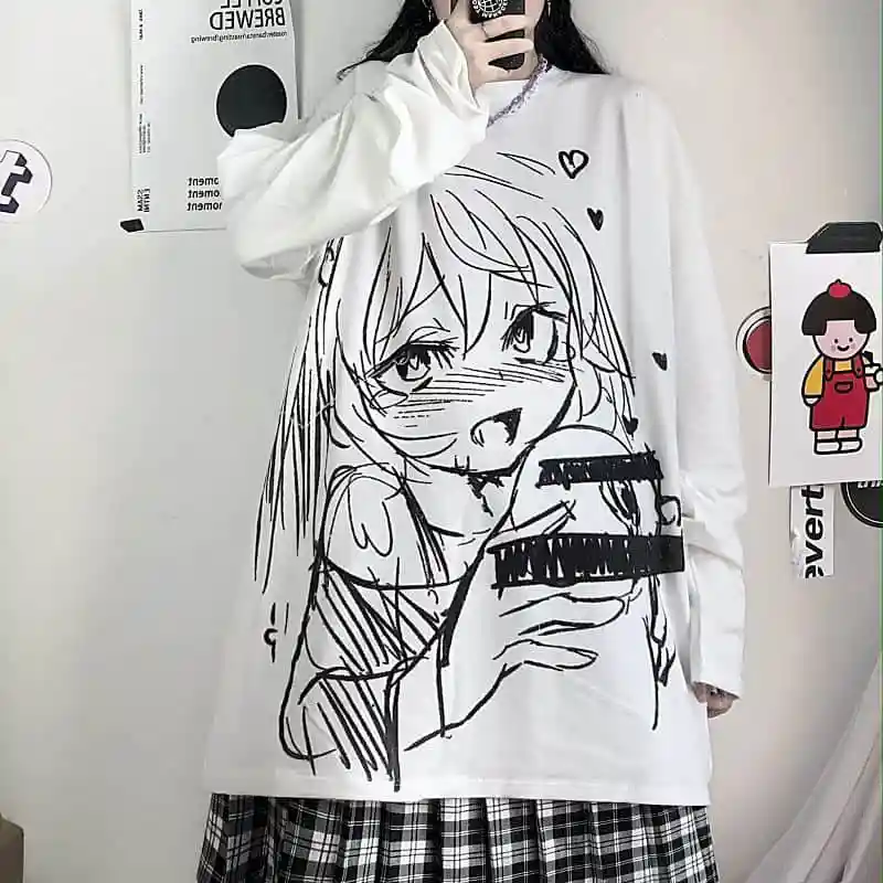2022 New Autumn Clothes Korean Version Harajuku Bf Wind Cartoon Anime Printing Loose Long-sleeved T-shirt Female Student Top | Женская