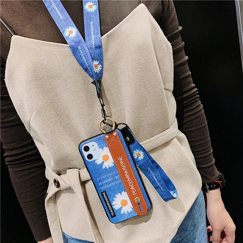 

Strap Wrist Strap Daisy Flower Fashion Neck Cord Phone Cases For Huawei P40 P30 P20 Pro Lite Mate 20 30 Honor 20 8X 9X Nine 6
