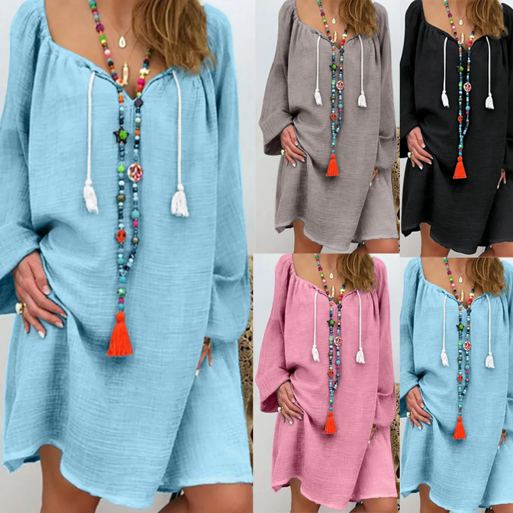 Осень льняное платье 2019 для женщин туника Топ рубашка с длинными рукавами на
