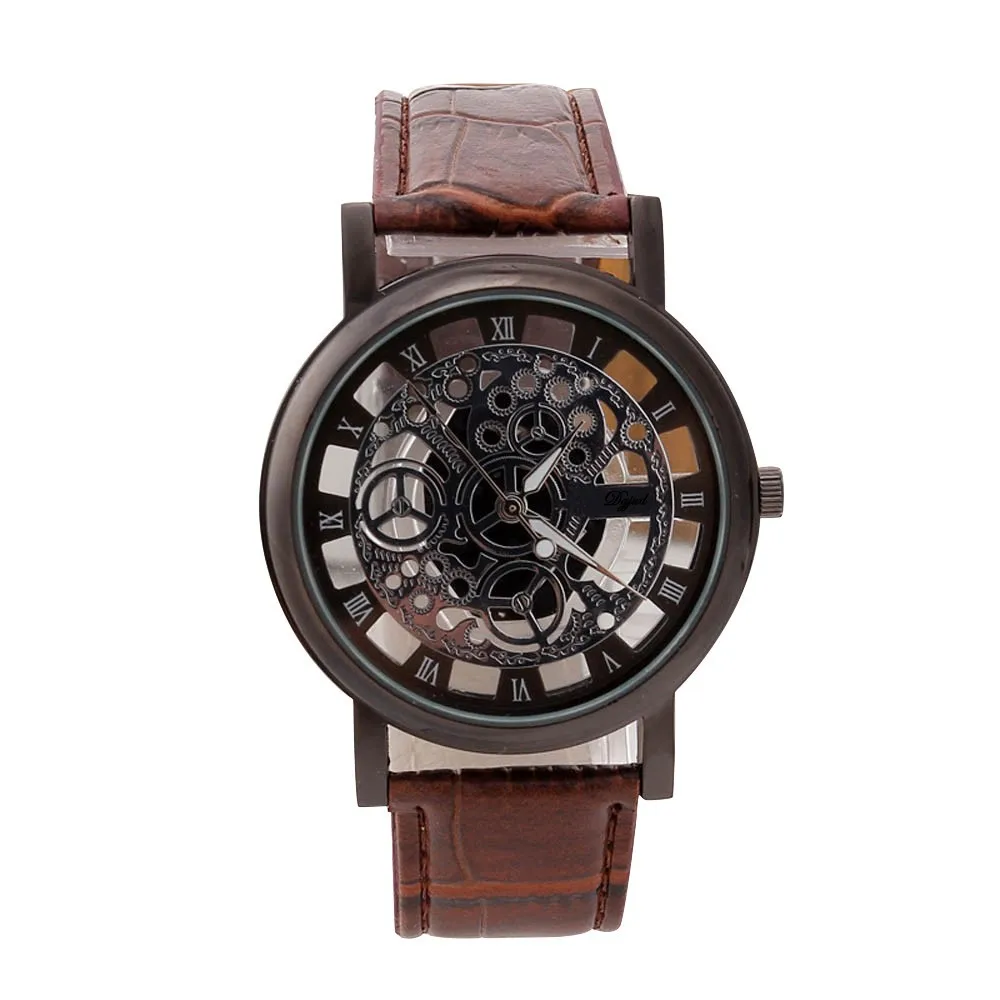 

Fashion Watches Men Retro Design Hollow Out Stainless Steel Dial Quartz Military Sport Leather Band Dial Wrist Watch Relogio F3