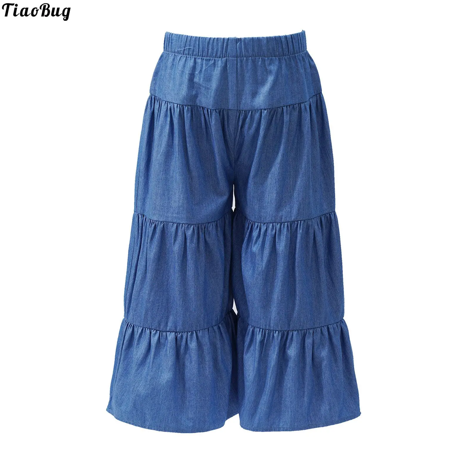 

TiaoBug 4 To 16 Years Kids Girls Stylish Jeans Clothing Elastic Waistband Ruffle Skirt Style Solid Color All-Match Denim Pants