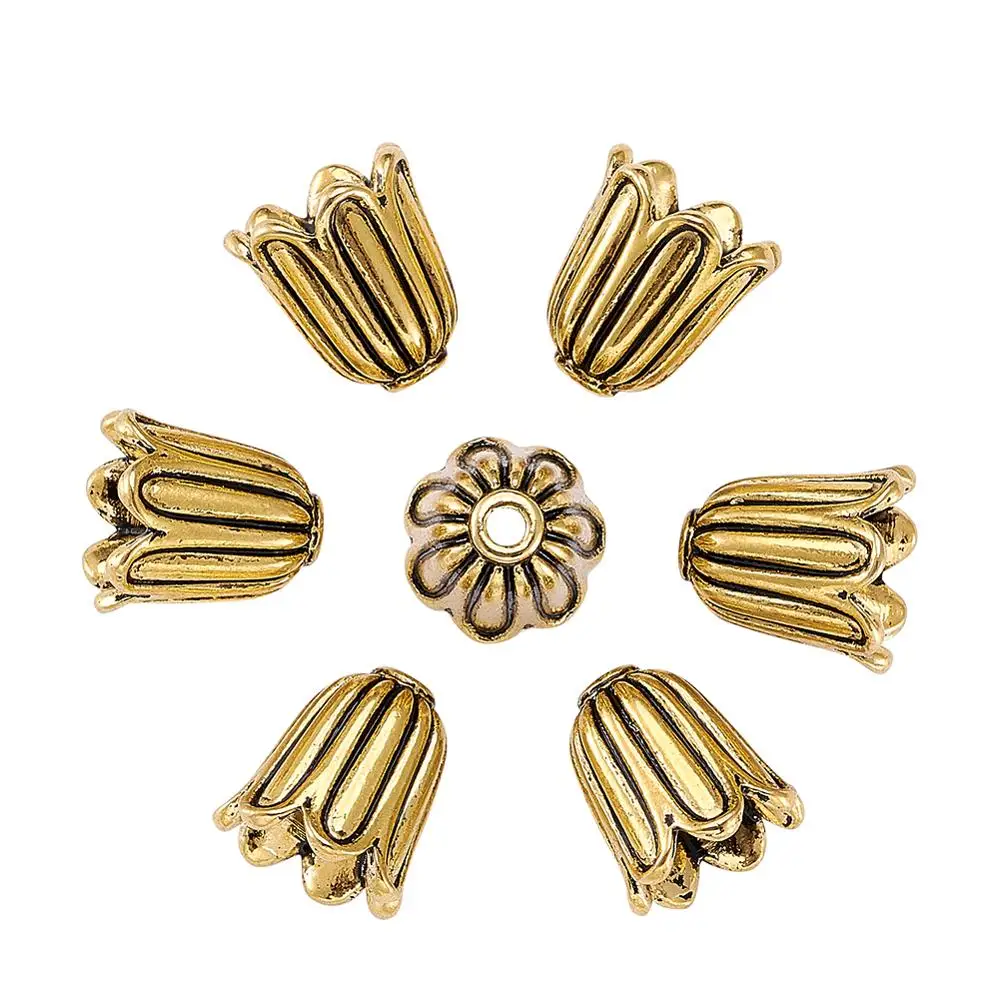 

20Pcs Antique Golden Tibetan Style Alloy Flower Bead Caps, Cadmium Free & Lead Free & Nickel Free, 10x10mm, Hole: 1mm