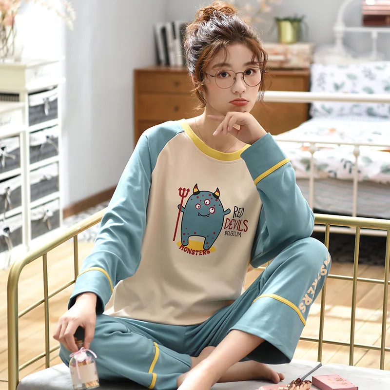 

XIFER 2020 New Spring and Autumn Girls Hooded Long-sleeved Pajamas Students Fresh Home Wear Can Wear Cotton Two-piece Suit