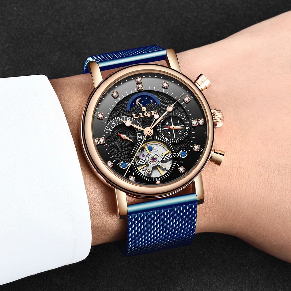 LIGE, подарок, мужские часы, брендовые, Роскошные, модные, Tourbillon, автоматические механические часы, мужские часы из нержавеющей стали, Relogio Masculino