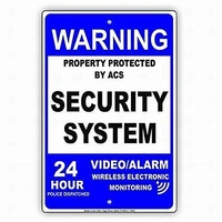 new tin sign blue warning property protected by acs security system video alarm wireless electronic monitoring hour police