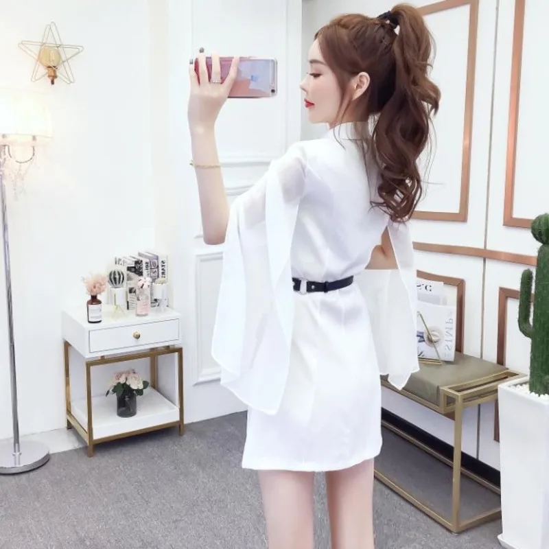 2020 лето новый OL темперамент костюм воротник шить шифон талии все-сплошной цвет