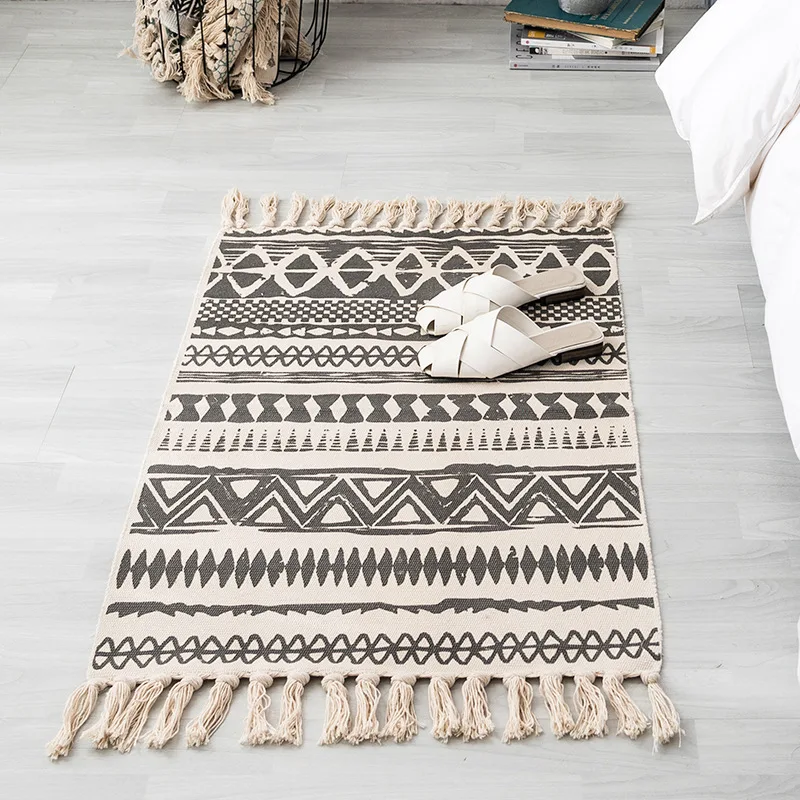 

Folk Style Cotton Linen Mat Antique Plain Tapestry Handmade Rectangular Carpet Study Bedroom Floor Decoration Household Goods