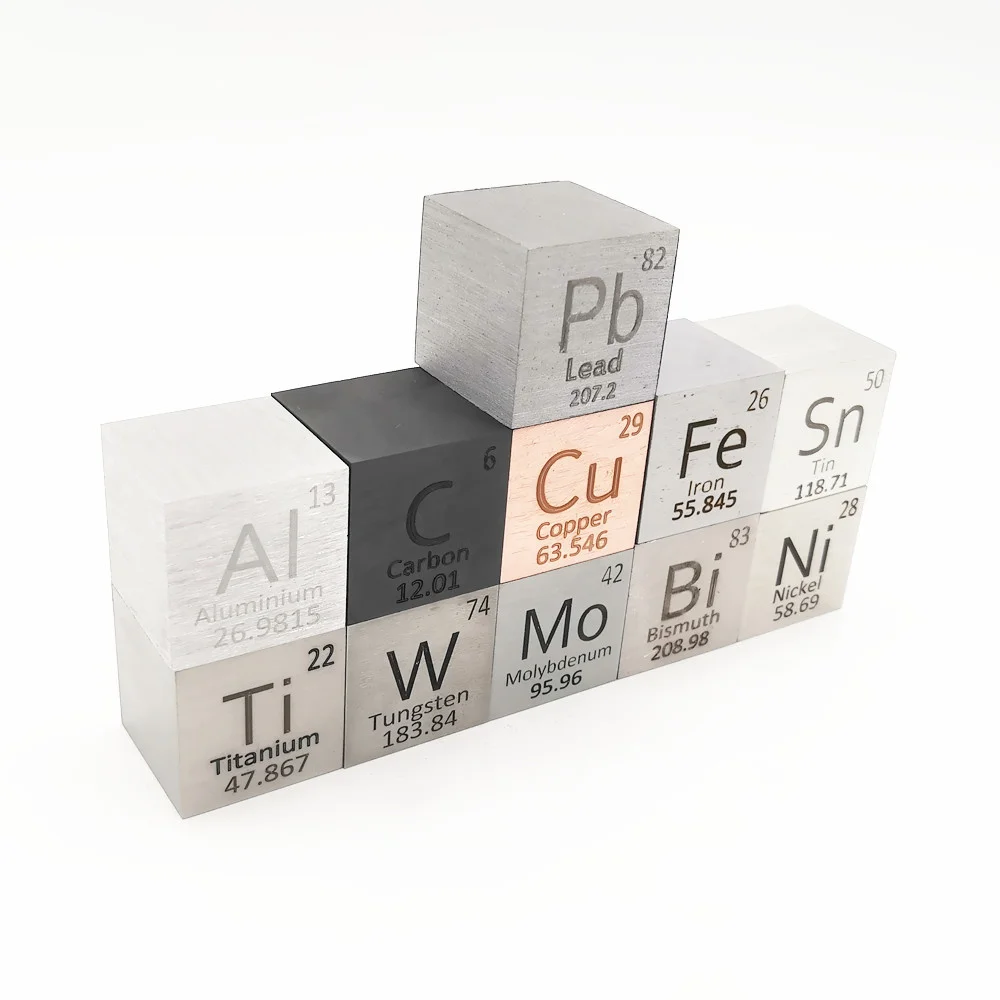 Element Cube 25,4mm Metal destilación masa Molar colección periódica Cu Bi Sn Al titanio tungsteno Mo C Ni Wolframe