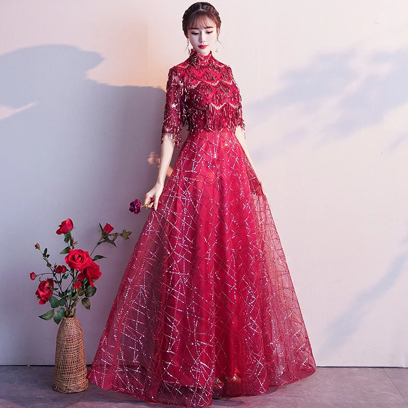 

Women Full Length Cheongsam Bride Wedding Toasting Clothes chinese cheongsam dress Sequins Bling Bling Dress Sexy Qipao