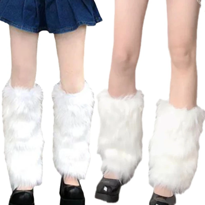 

C6UD Japanese Lolita White Faux Fur Leg Warmers Women Girls Furry Fuzzy Plush Boot Cuffs Top Cover Student Uniform Calf Socks
