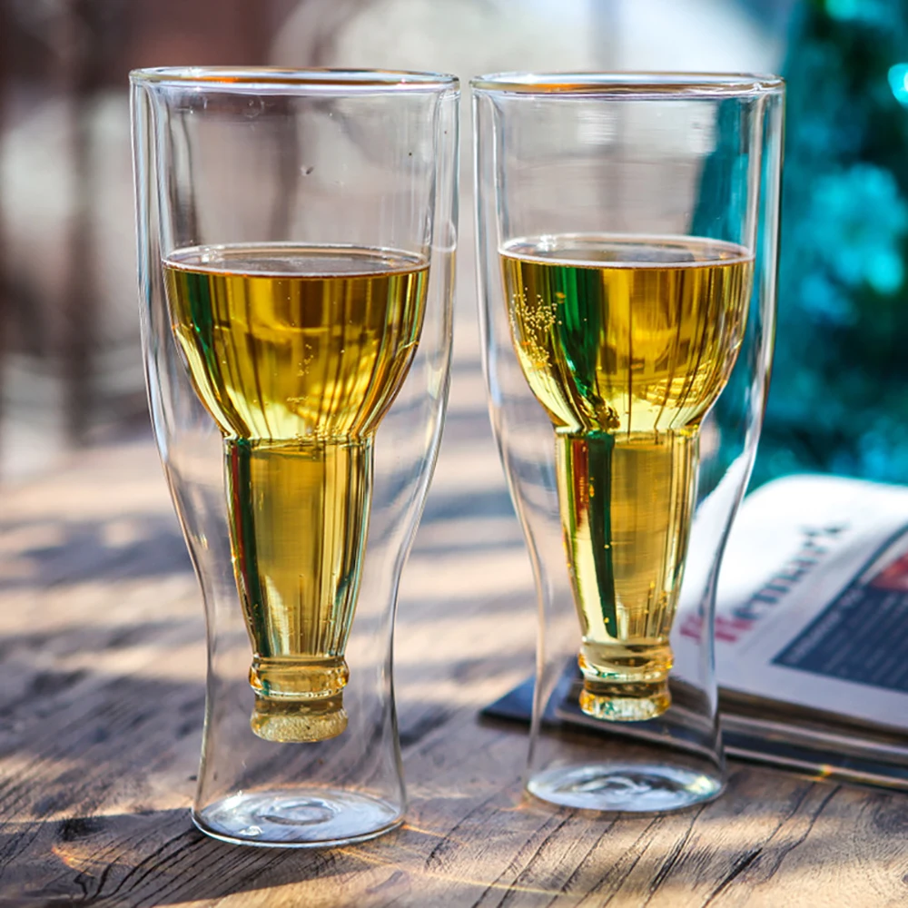 

Inverted Bottle Shape Beer Steins Glass Double-layer Glasses Whiskey Juice Cocktail Glassware Cup Creative Gift Cup for Friends