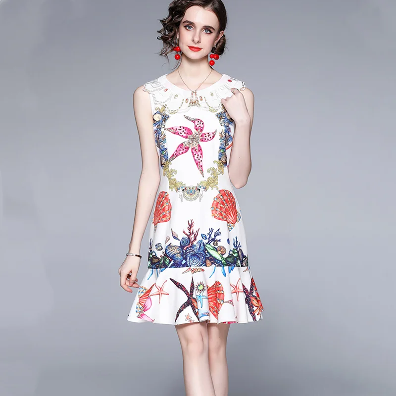 

Summer Fashion Women's Sleeveless Dress Starfish Shell Print Diamond Ruffle O-Neck Dress