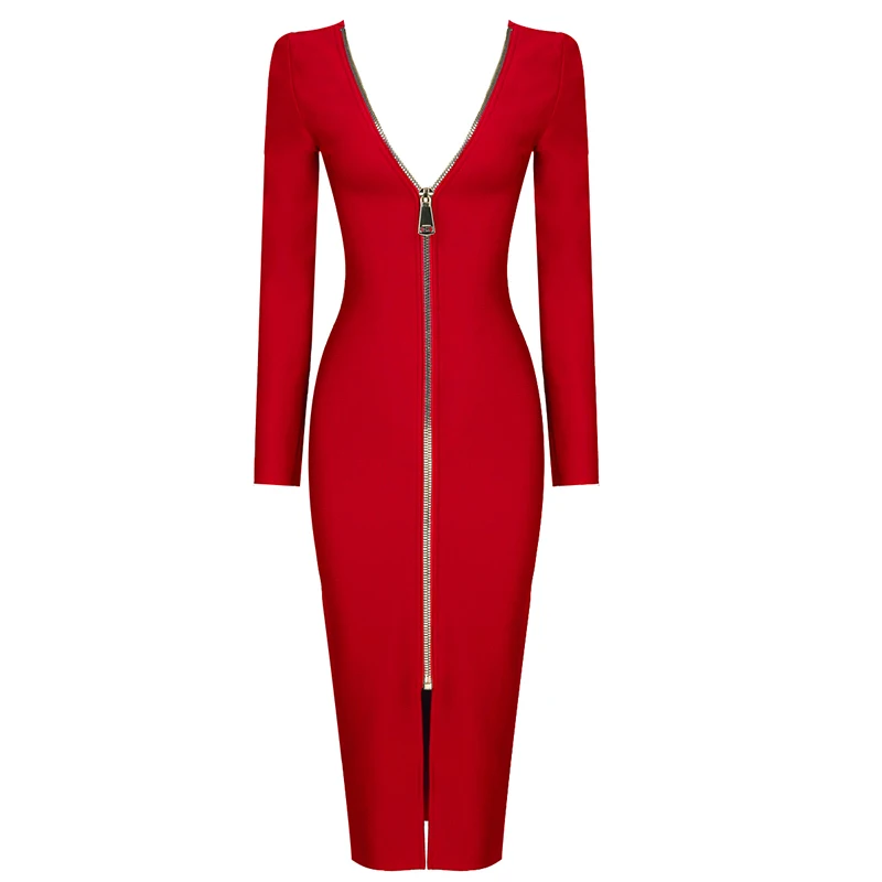 

2020 Autumn Winter Sexy Long Sleeve Bandage Dress Women O-Neck Mid Calf Zippers Dress Bandage Party Club Night