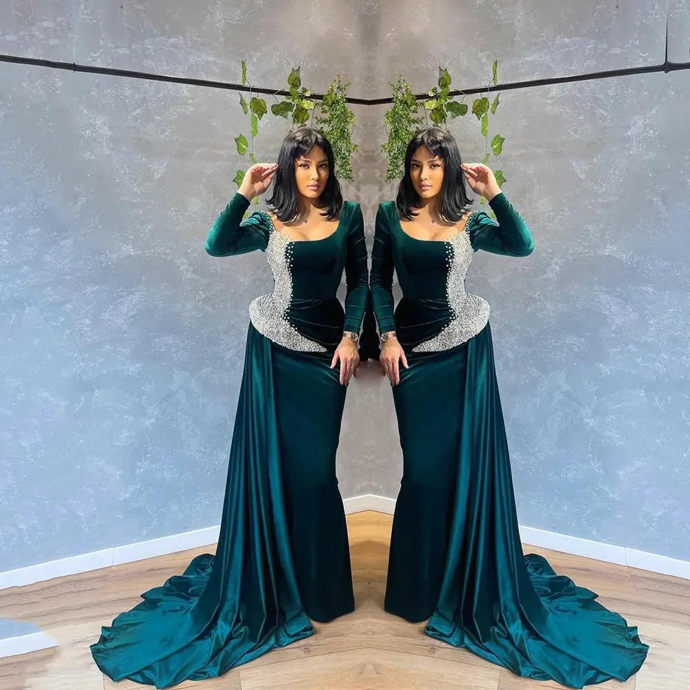 Купи UZN Hunter Green Mermaid Beading Prom Dress Scoop Neck Long Sleeves Evening Dress Party Dresses 2022 Robes de bal за 5,543 рублей в магазине AliExpress