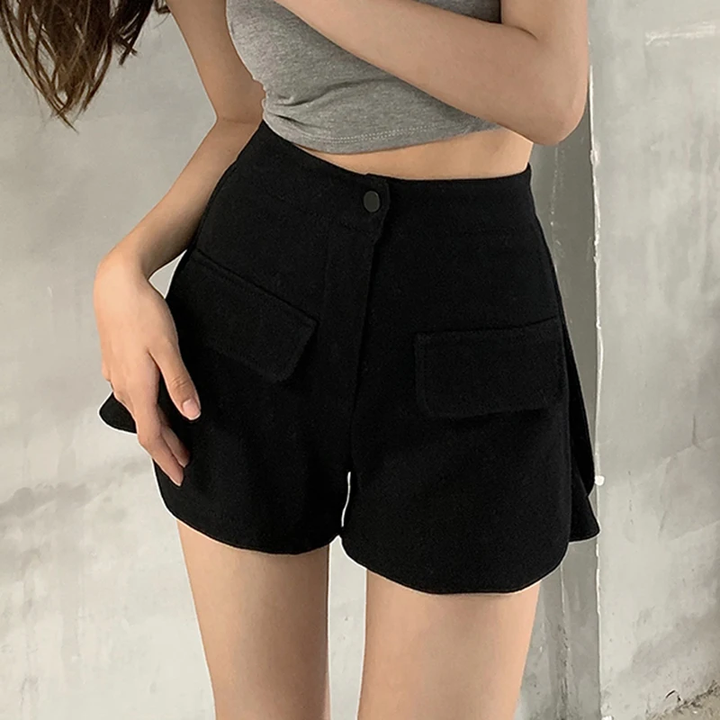

GALCAUR Black Short Pants For Women High Waist A Line Ruffles Irregular Side Split Designer Shorts Females 2021 Clothing Summer