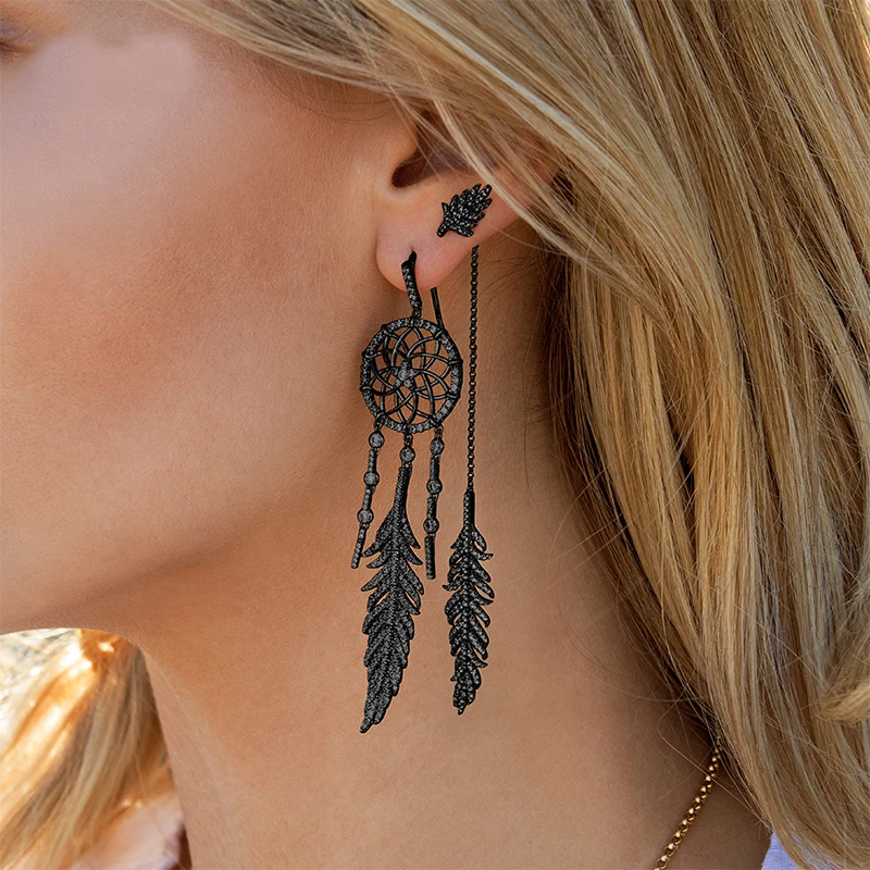 

Fashion Black Asymmetric Dream Catcher Earrings With Draped Feathers, Luxurious Jewelry Birthday Gifts For Women