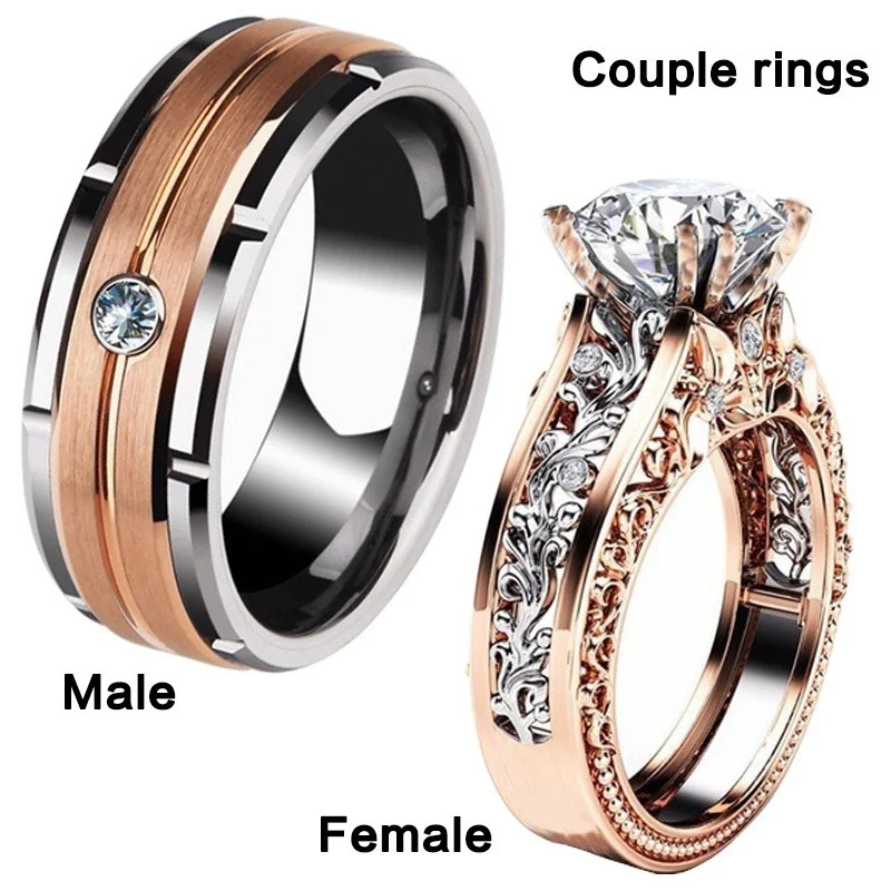 

1pcs Luxury Women Ring Metal Hollow Carving Pattern Rose Gold Color Zircon Crystal Couple Ring Bridal Engagement Wedding Jewelry