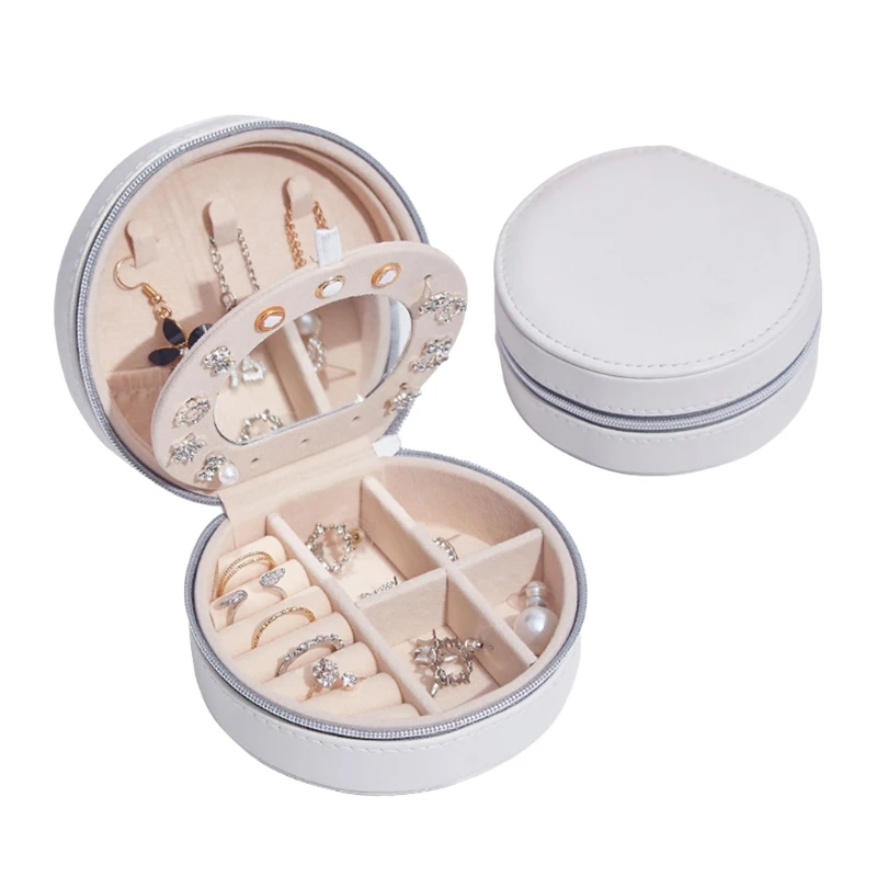 

Protable Travel Leather mini jewelry zipper bag Round Bracelet Box Earrings Necklace Organizer Case