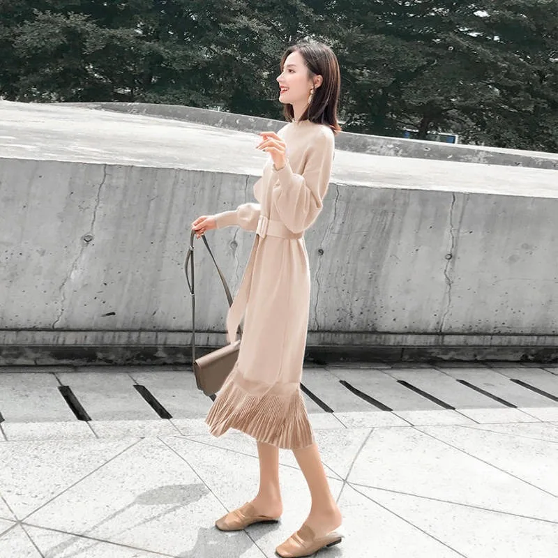 

Autumn Winter Dress Women Korean Version Long Sweater Dress Over The Knee Western Style Mesh Mid-length Base Sweater