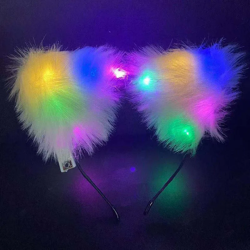 Discolor LED Headband Glow In The Dark Glowing Cute Fluffy Cat Ears Hair Hoop Baby Shower Halloween Christmas Dressing Costume