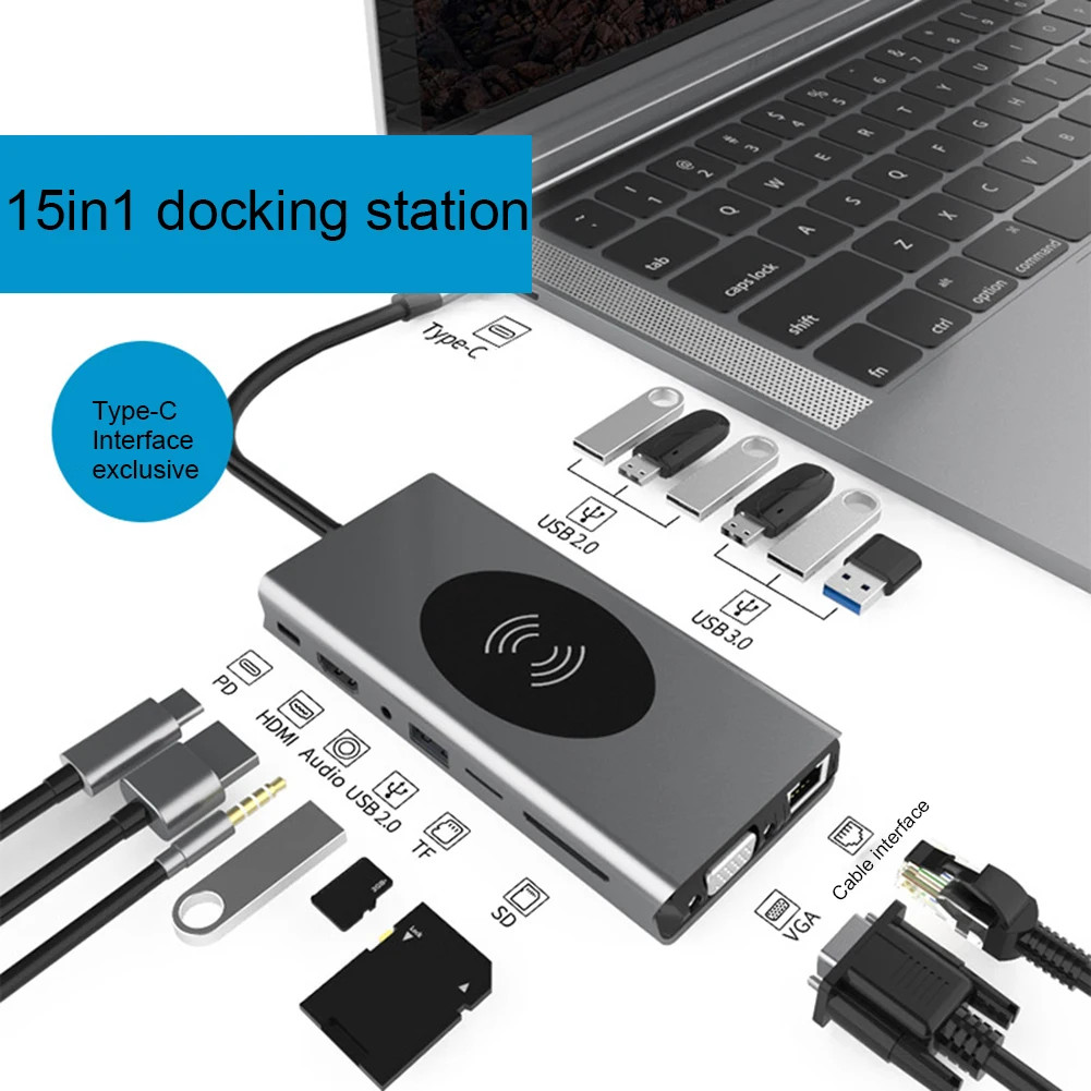 USB Тип C к HDMI VGA 1080P USB3.0 * 4 RJ45 PD аудио SD 10 Вт Беспроводное зарядное устройство