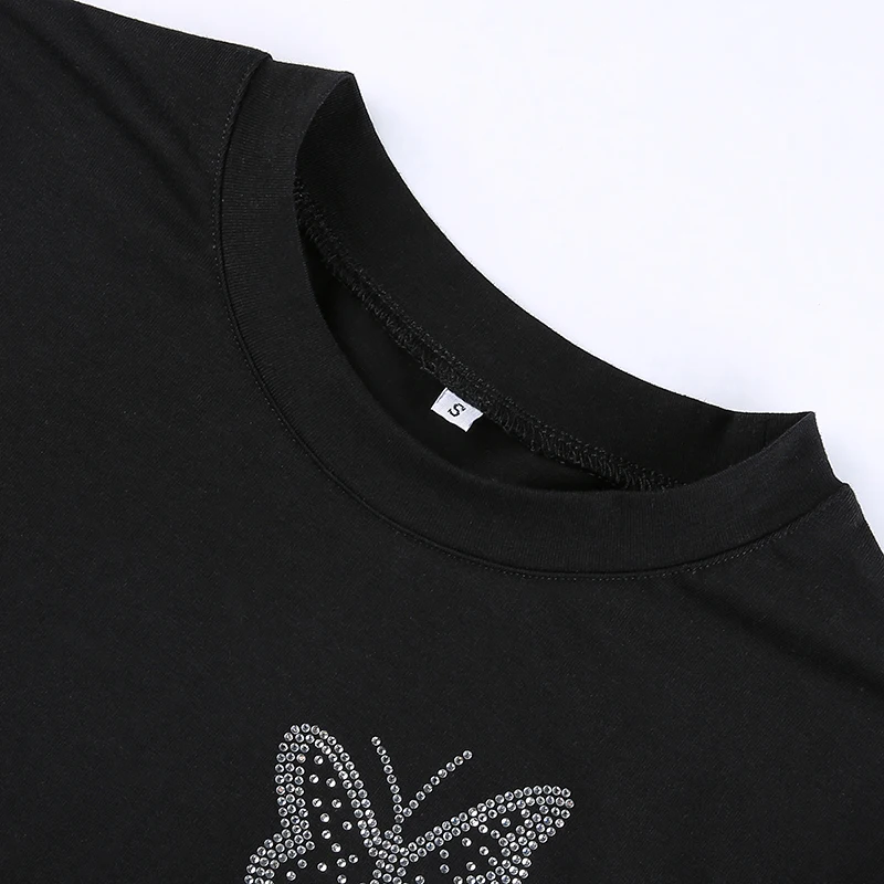 

Butterfly Print Crop Top Women O Neck Short Sleeve Tops Summer Streetwear Bodycon Black Rhinestone T Shirts