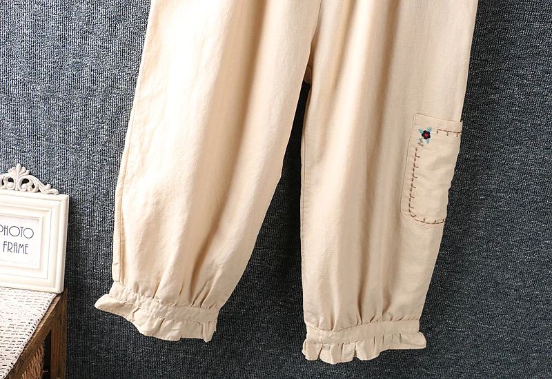

New Spring Summer Women Cotton linen Cropped Trousers Japan Style Mori Girl Elastic Waist Solid Color Harem Pants