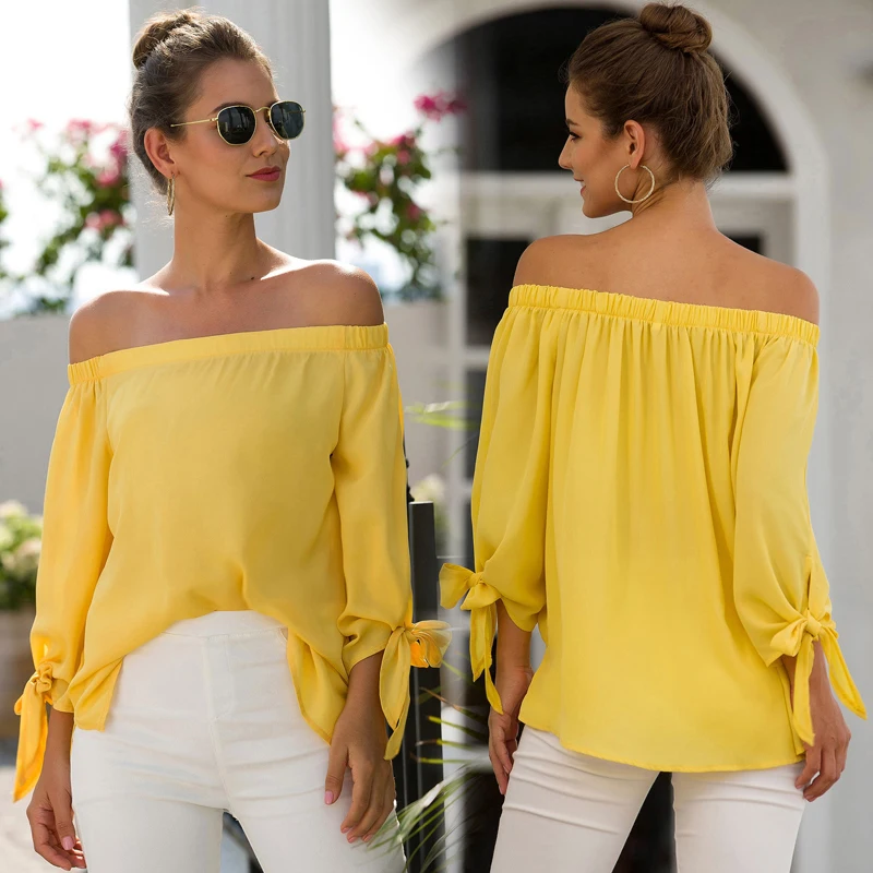 2019 New Fashion Women's Sexy Off Shoulder Slim Tops Summer Knot Ladies Long Sleeve Solid Women |