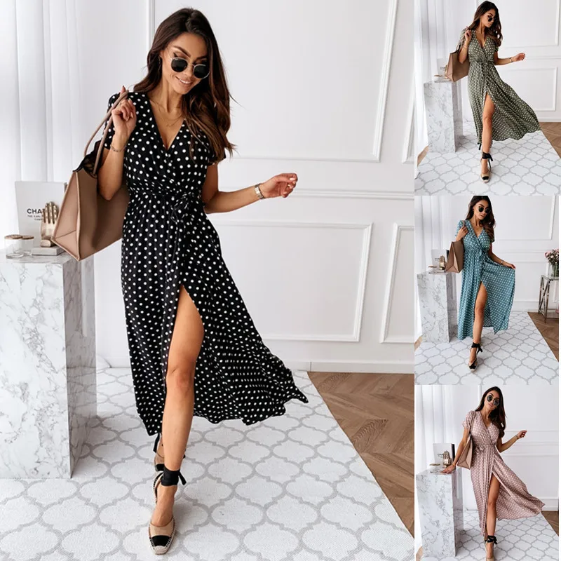 

Women Dresses Summer Fashion Polka Dot Split Boho Dress Office Lady Women Casual Beach Vacation Long Dresses Vestido De Mujer