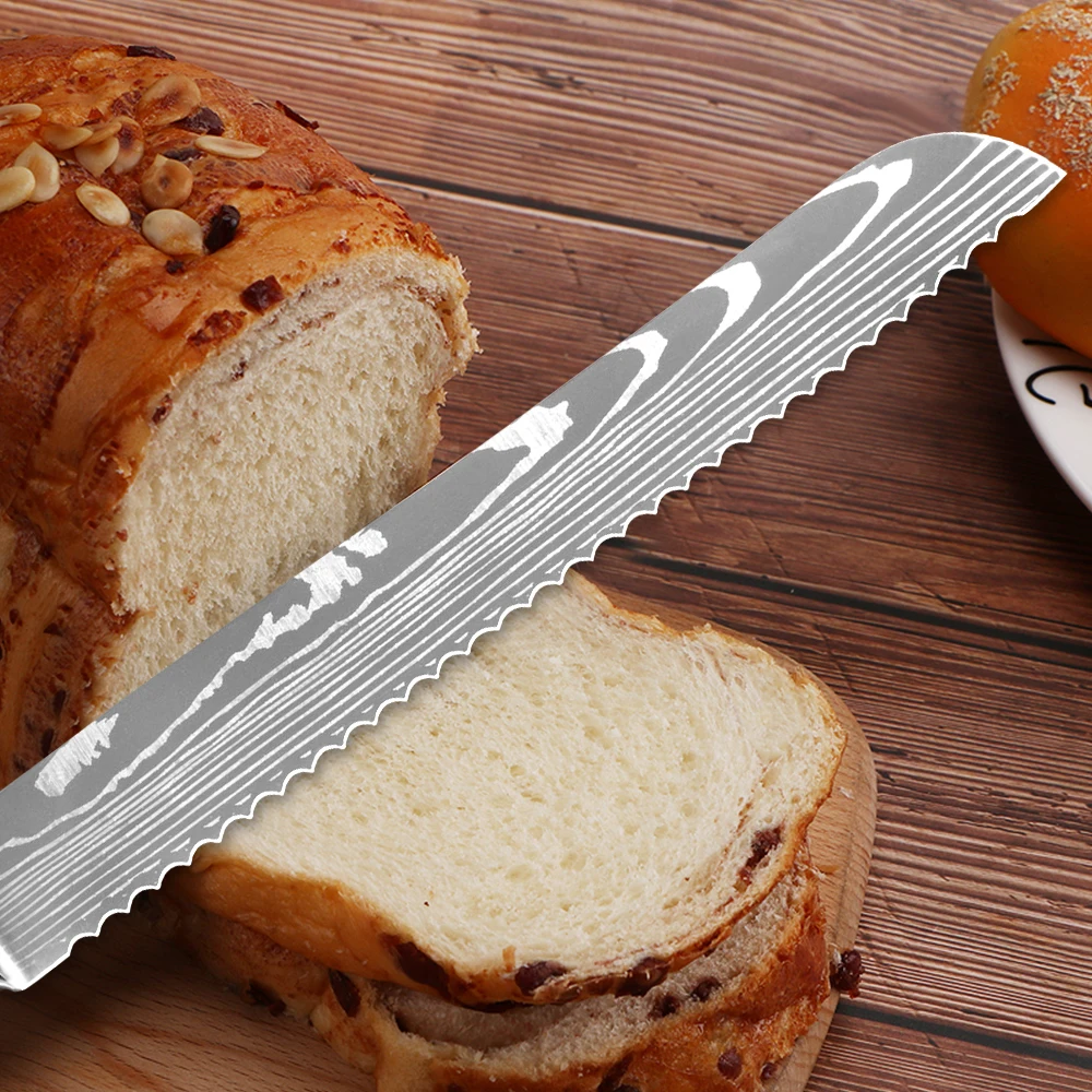 Кухонный хлебный нож с зубчатым дизайном лазерное лезвие из дамасской
