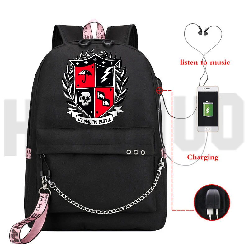 

The Umbrella Academy Backpack with Chains Softback Bookbag Kawaii School Bags Teenage Girls Mochila Women USB Charging Travelbag