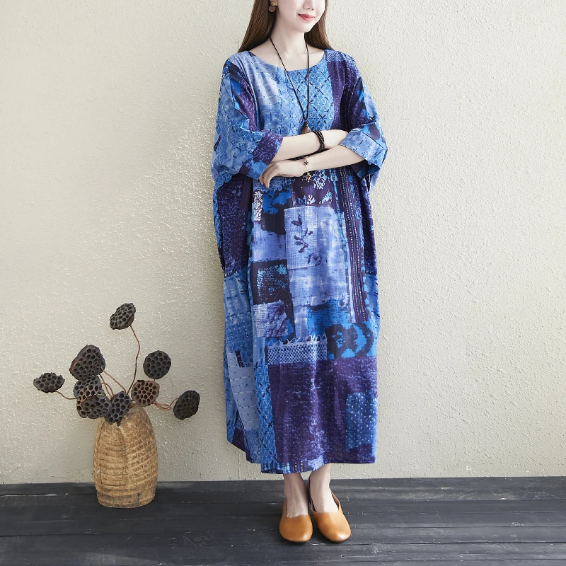 

DIMANAF 2021 Plus Size Women Dress Linen Flower Print Beach Holiday Summer Sundress Maxi Dress Loose Design Blue Long Dress 5XL