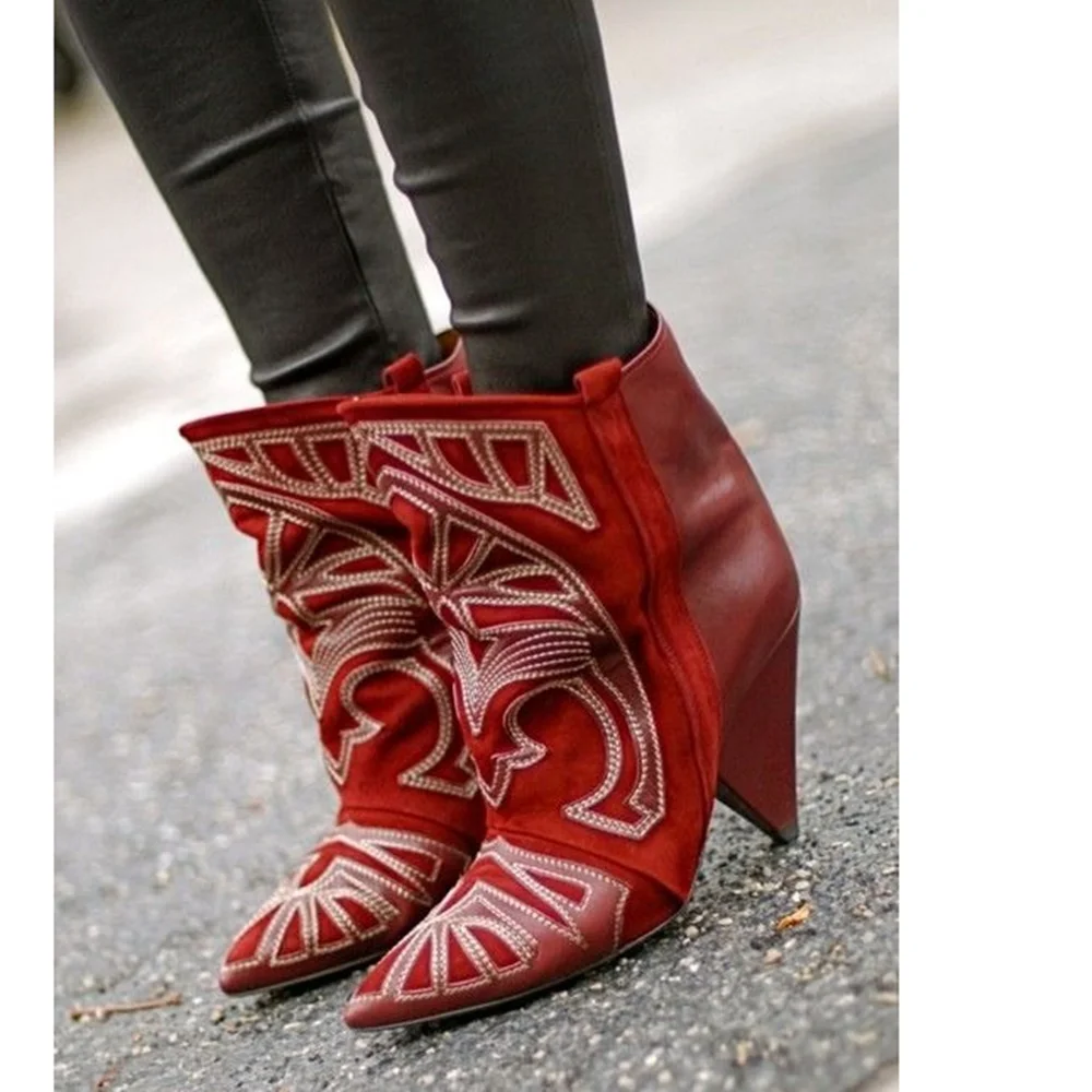 Hot Selling Classic Style Ankle Leather Wedged Boots Vintage Totem Pointed Toe Slip-On High Heels Amazing Fashion Newest boots