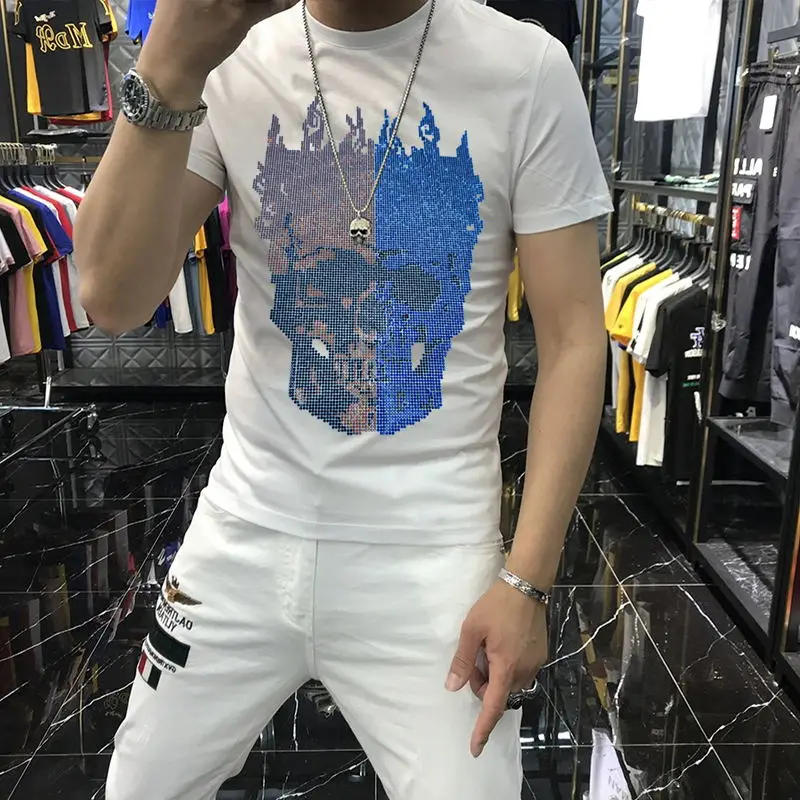 

Retro Classic Men's T-Shirt With Unique Personality Korean Tiger Head Pattern Hot Drilling Casual Loose Short Sleeves