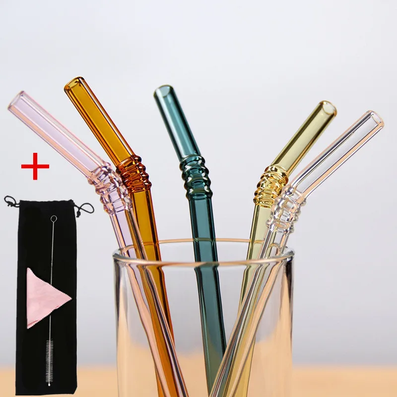 5pcs with bag Стекло соломинкой многоразовые 5 шт./компл. Colorled Стекло соломы Чай молоко сок соломенная шляпа с мешок коробка изогнутые Стекло набор соломинок - Цвет: 5pcs with bag