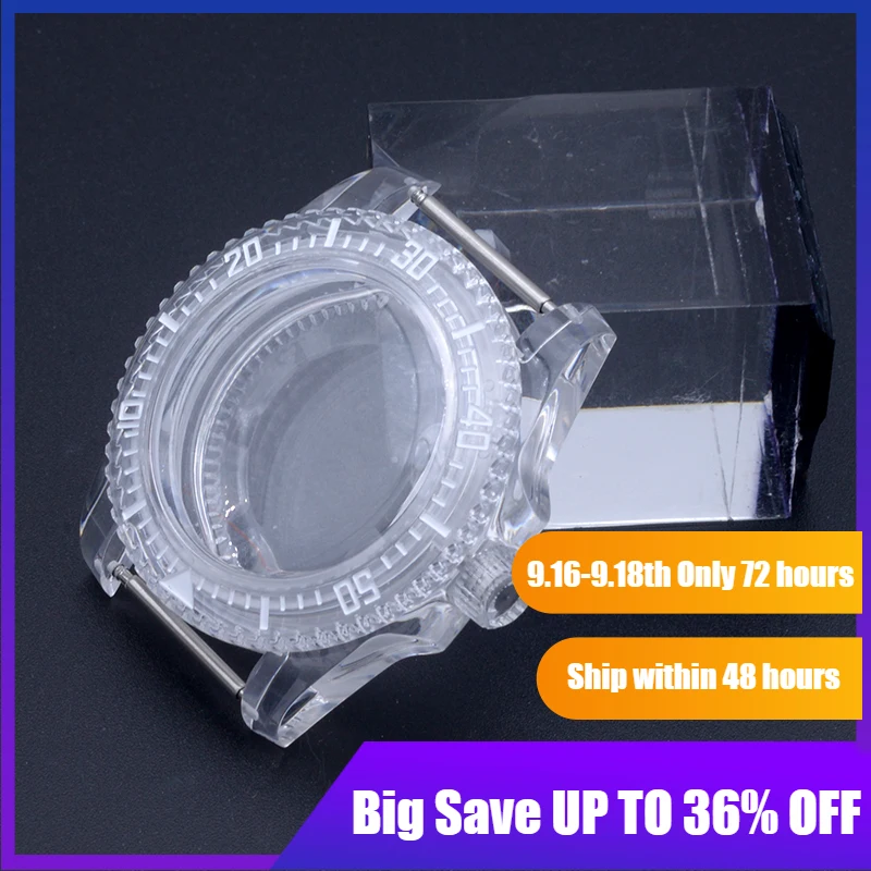 

40mm case seiko nh35 Case C3 Super Green Luminous case transparent Acrylic case For seiko nh35 nh36 movement with Acrylic Glass