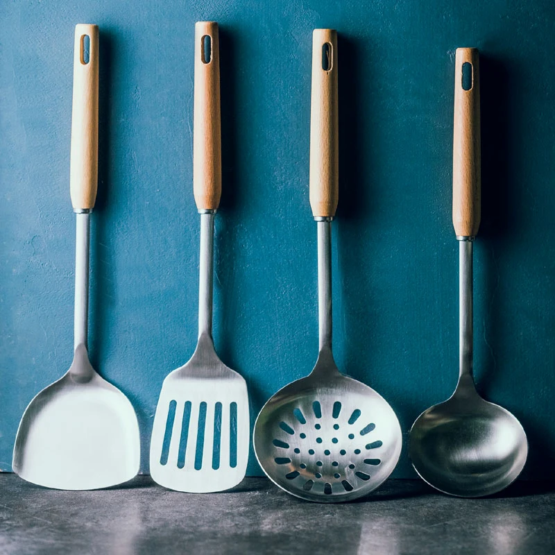 

FANCITY Stainless Steel Beech Wooden Handle Spatula Spoon Set Household Kitchen Utensils Special Shovel Cooking Shovel Spoon