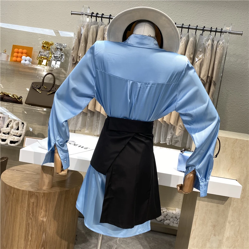 

Brand Original Design High Quality Satin Long Sleeve Medium Length Blouse + Irregular Tie Skirt 2 Pieces Suit