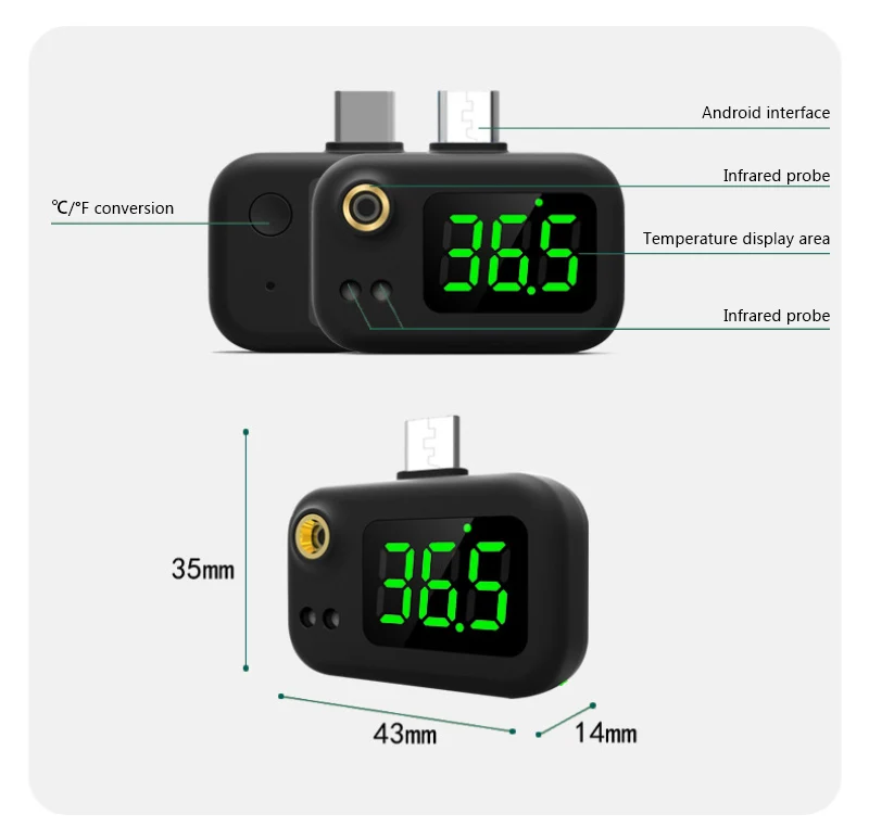 

Mini Non-Contact Infrared probe Forehead Thermometer High Tempreature Accuracy Measurement K7 For Android Type-c smartphone