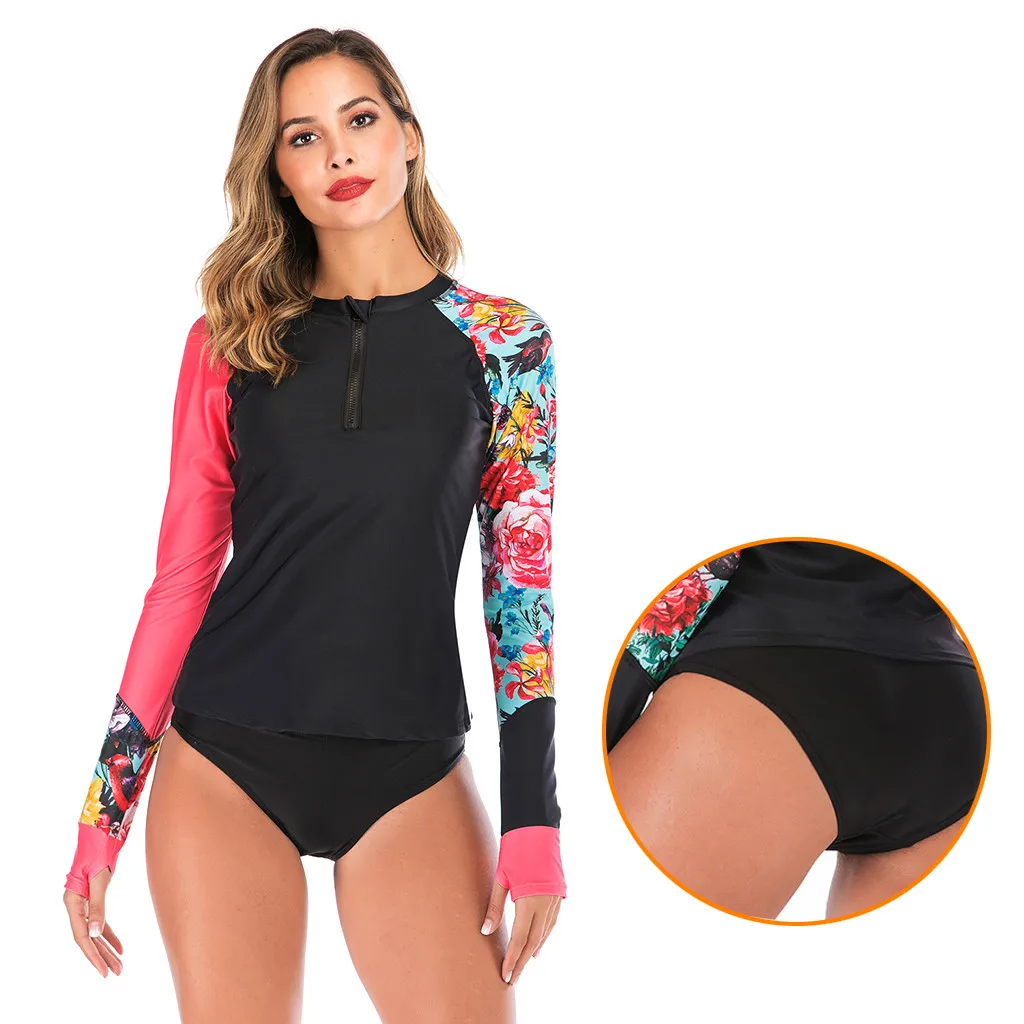 Женский купальник с длинным рукавом на молнии цветочным принтом | Спорт и