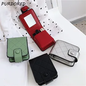 PURDORED 1 шт. винтажная женская сумка для губной помады, Кожаная Мини косметичка для губной помады, органайзер с зеркалом, портативная косметичка