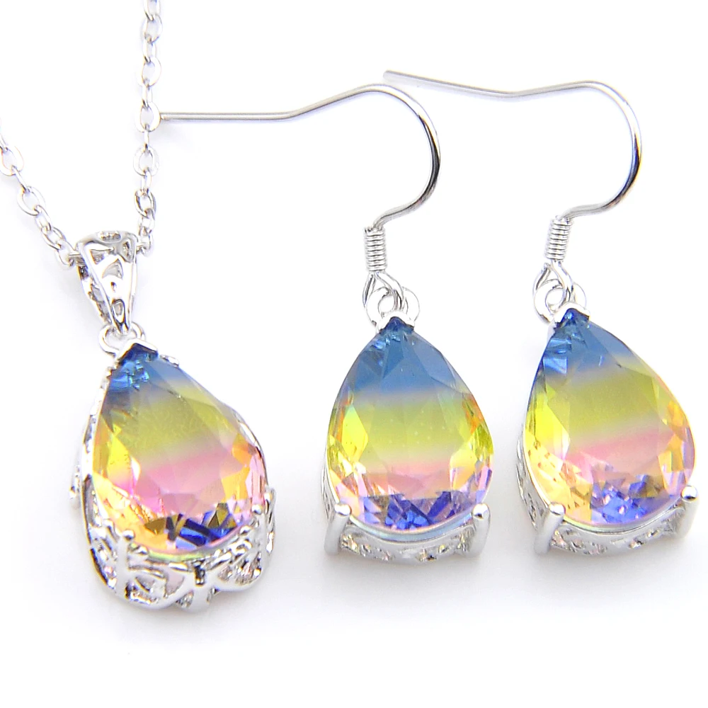 Luckyshine,, 925 серебряное ожерелье, подвеска, серьги, Женские Ювелирные наборы, Би цветные, турмалин, фиолетовый, капля воды, набор