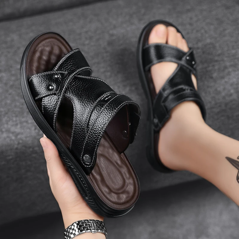 

2021 Summer Men's New Casual Sandals Fashion Solid Leather Beach Sandals Outdoor Light Non-Slip Roman Sandals Brand Wading Shoes