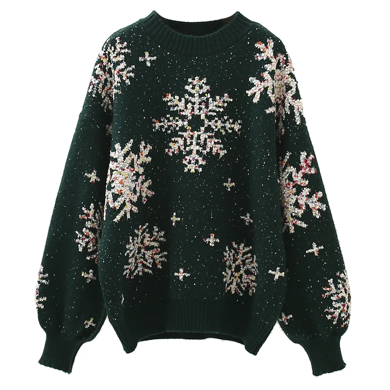 

Shine Snowflake Knitted Women Sweater Pullovers Lantern Sleeved Loose Thicken Warm Female Pulls Outwear Tops