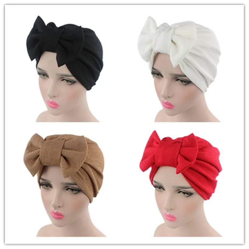 Мусульманская однотонная шапка женская с большим бантом стрейч хиджаб тюрбан