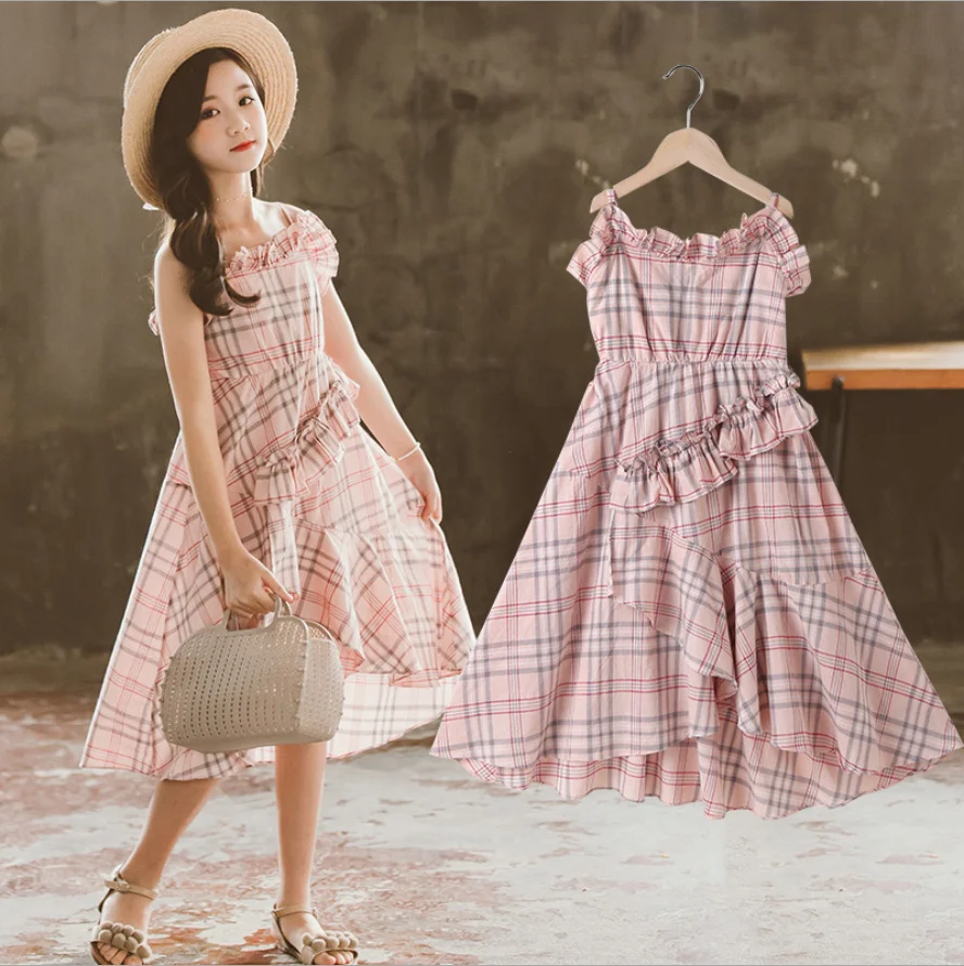 

Girls' Big Kids Summer Dresses 2021 New Suspenders Girls Plaid High-End Princess Cake Dresses
