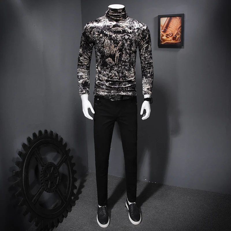 Vintage Shirts Animal Pattern High-end Luxury Long-sleeved Autumn 2020 Quality Velvet Soft Elastic T Shirt Men | Мужская одежда