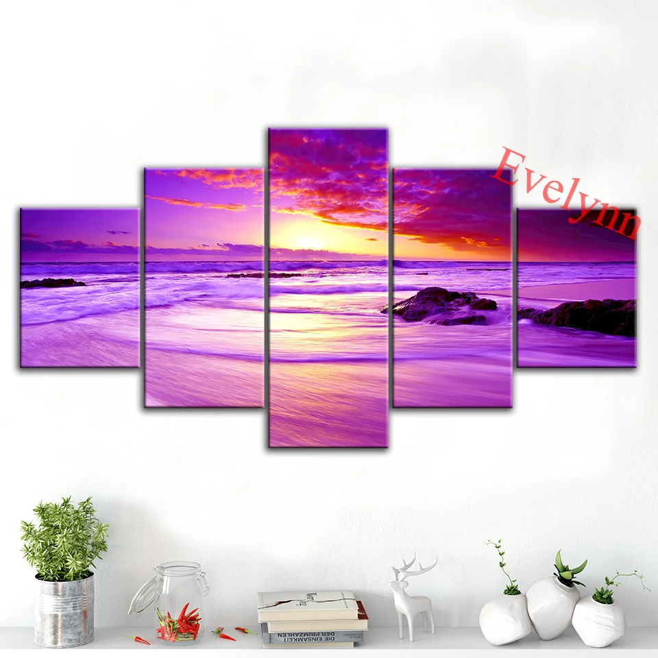 

Modular Pictures Beach Sunset Scenery 5 Pieces Poster Modern Canvas Hd Print Wall Art For Living Room Home Decor Painting Frame